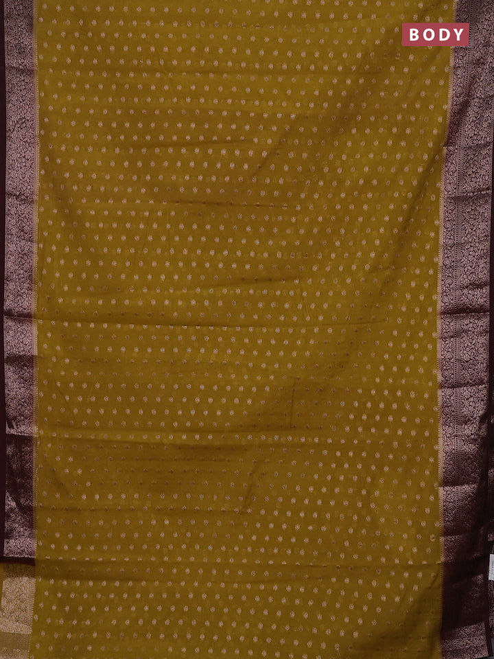 Mustard Green & Brown Semi Chiniya Silk Saree