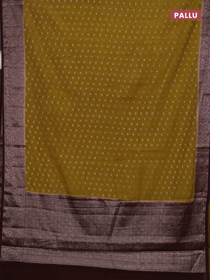 Mustard Green & Brown Semi Chiniya Silk Saree