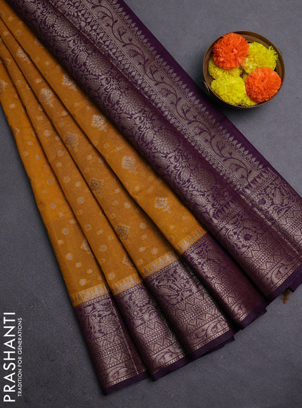 Mustard Yellow & Purple Semi Chiniya Silk Saree