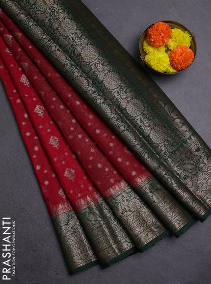 Red & Bottle Green Semi Chiniya Silk Saree