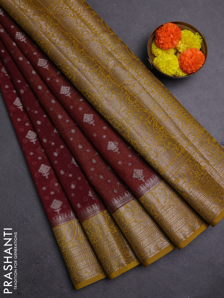 Coffee Brown & Mustard Green Semi Chiniya Silk Saree