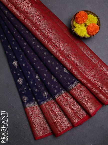 Navy Blue & Red Semi Chiniya Silk Saree