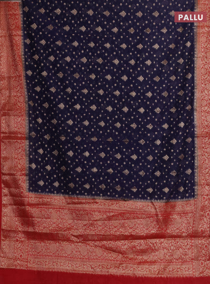 Navy Blue & Red Semi Chiniya Silk Saree