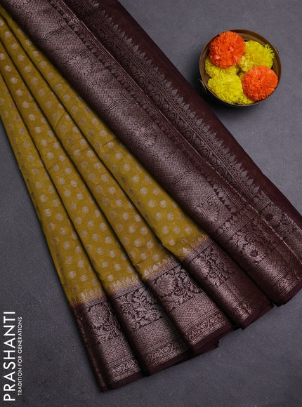 Mustard Green & Coffee Brown Semi Chiniya Silk Saree