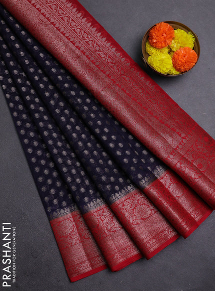 Navy Blue & Red Semi Chiniya Silk Saree
