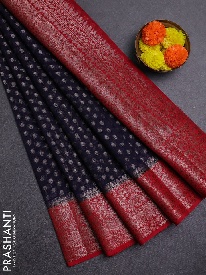Navy Blue & Red Semi Chiniya Silk Saree