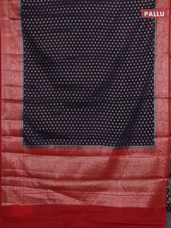 Navy Blue & Red Semi Chiniya Silk Saree