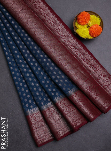 Peacock Blue & Maroon Semi Chiniya Silk Saree