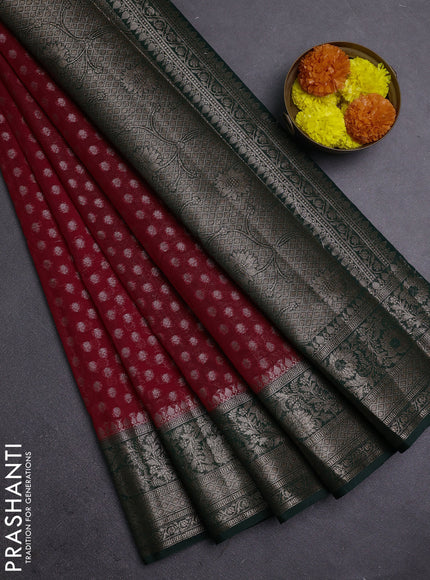 Red & Bottle Green Semi Chiniya Silk Saree