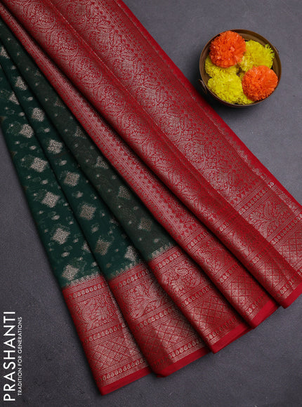 Bottle Green & Red Semi Chiniya Silk Saree