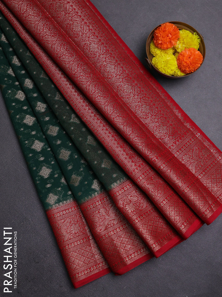 Bottle Green & Red Semi Chiniya Silk Saree