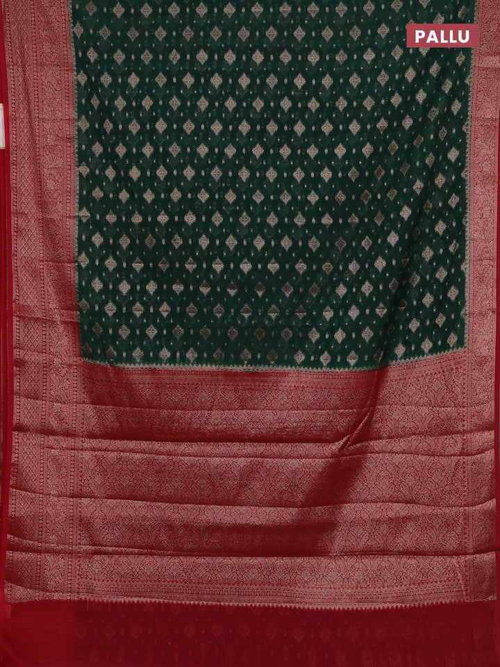 Bottle Green & Red Semi Chiniya Silk Saree