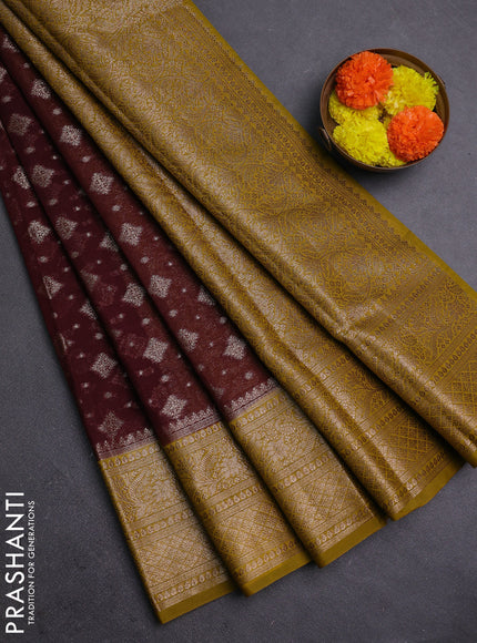 Coffee Brown & Mustard Green Semi Chiniya Silk Saree