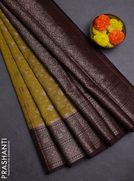 Mustard Green & Wine Semi Chiniya Silk Saree