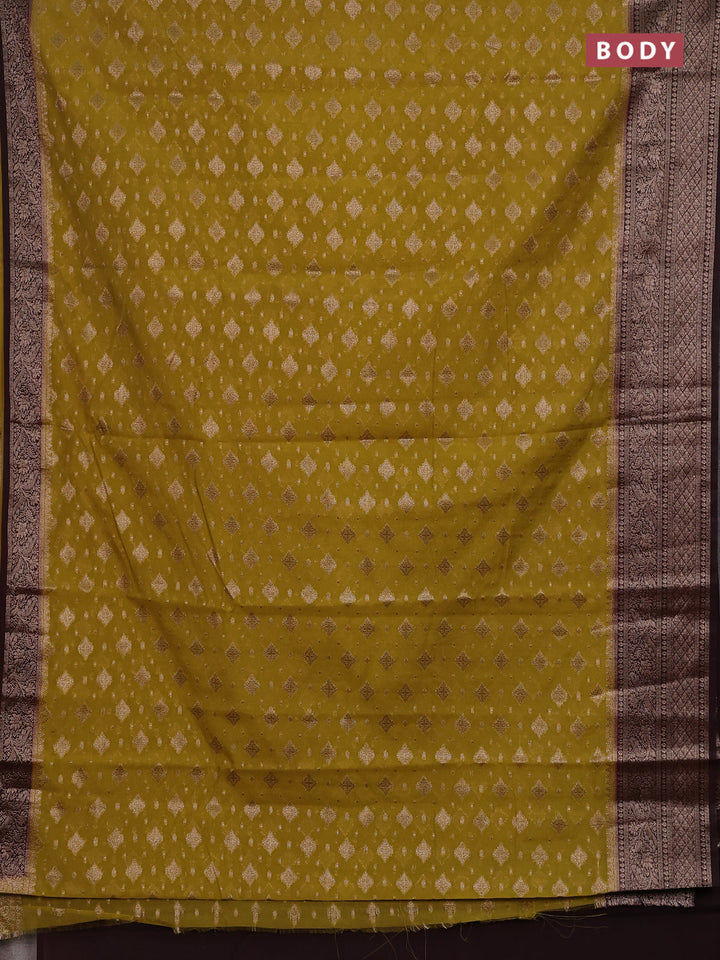 Mustard Green & Wine Semi Chiniya Silk Saree