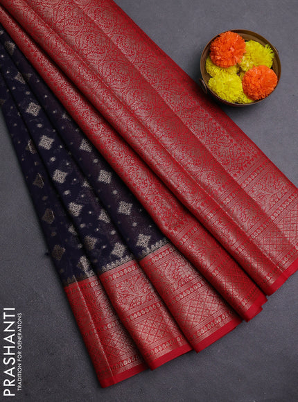 Navy Blue & Red Semi Chiniya Silk Saree