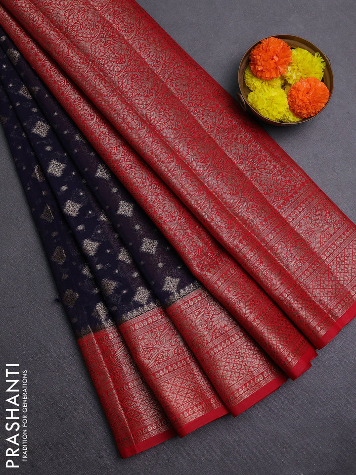 Navy Blue & Red Semi Chiniya Silk Saree