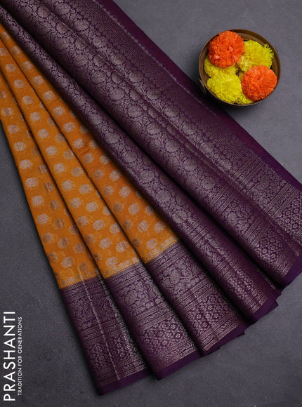Mustard Yellow & Violet Semi Chiniya Silk Saree