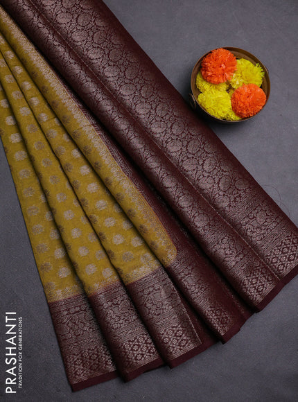 Mustard Green & Brown Semi Chiniya Silk Saree