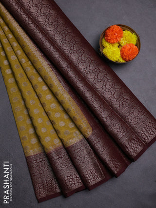 Mustard Green & Brown Semi Chiniya Silk Saree