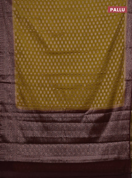 Mustard Green & Brown Semi Chiniya Silk Saree