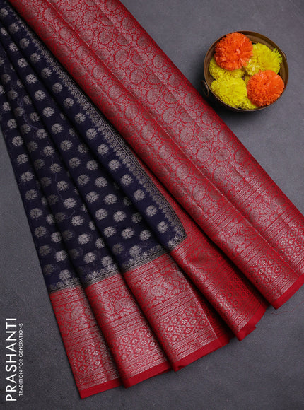 Navy Blue & Red Semi Chiniya Silk Saree