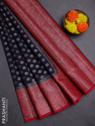 Navy Blue & Red Semi Chiniya Silk Saree