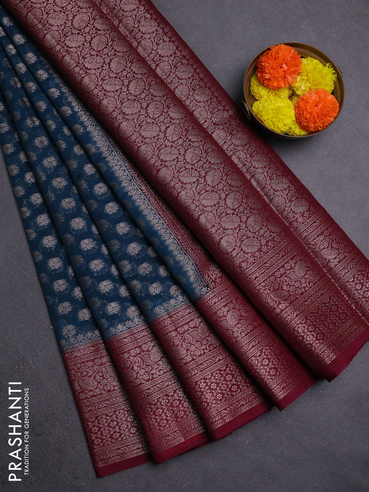 Peacock Blue & Maroon Semi Chiniya Silk Saree