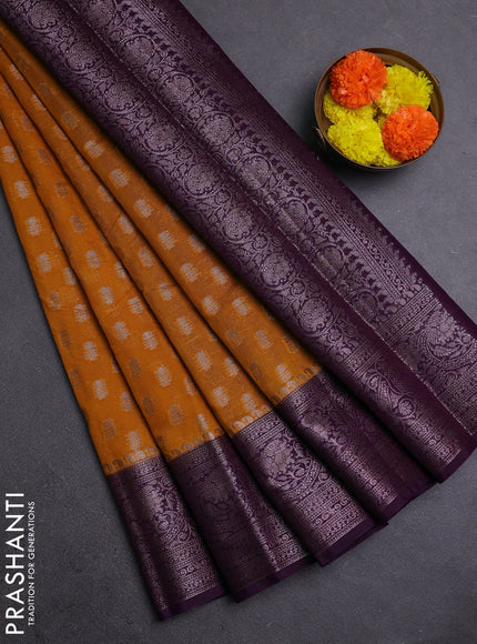 Mustard Yellow & Violet Semi Chiniya Silk Saree