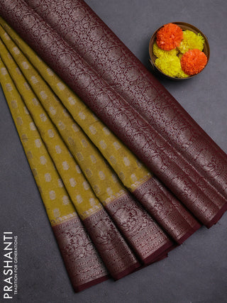 Mustard Green & Maroon Semi Chiniya Silk Saree