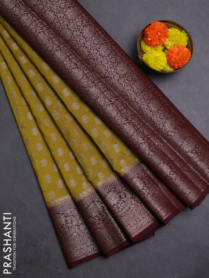 Mustard Green & Maroon Semi Chiniya Silk Saree