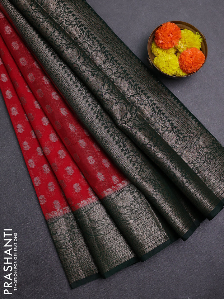 Red & Green Semi Chiniya Silk Saree