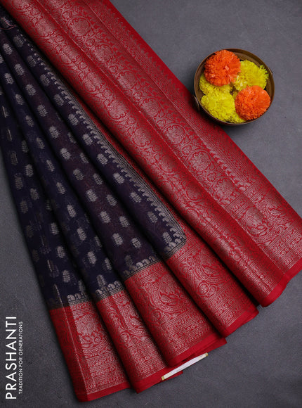 Navy Blue & Red Semi Chiniya Silk Saree