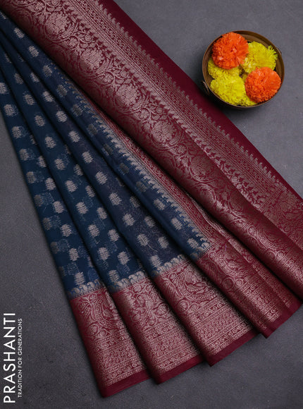 Peacock Blue & Wine Semi Chiniya Silk Saree