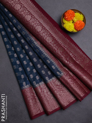 Peacock Blue & Wine Semi Chiniya Silk Saree