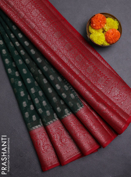 Bottle Green & Red Semi Chiniya Silk Saree