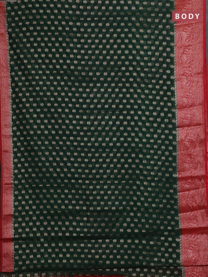 Bottle Green & Red Semi Chiniya Silk Saree