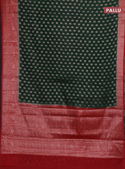 Bottle Green & Red Semi Chiniya Silk Saree
