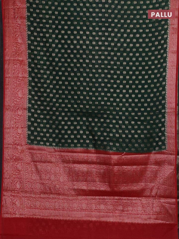 Bottle Green & Red Semi Chiniya Silk Saree