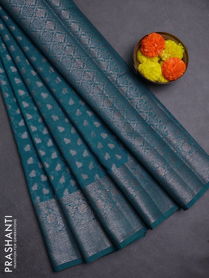 Peacock Blue Semi Chiniya Silk Saree