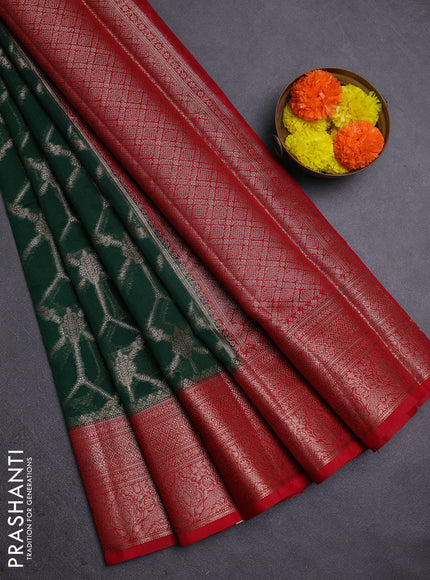 Bottle Green & Red Semi Chiniya Silk Saree