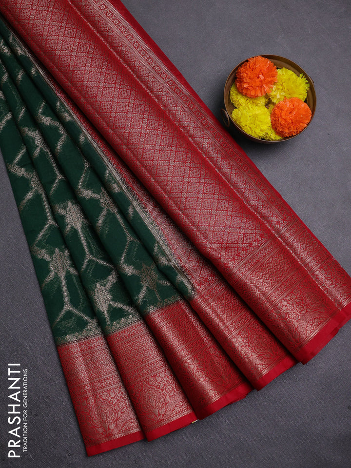 Bottle Green & Red Semi Chiniya Silk Saree