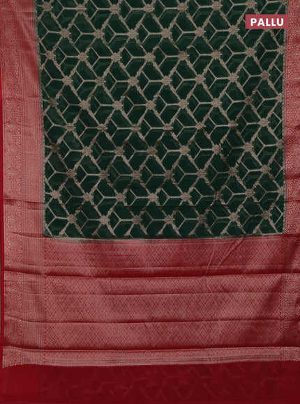 Bottle Green & Red Semi Chiniya Silk Saree