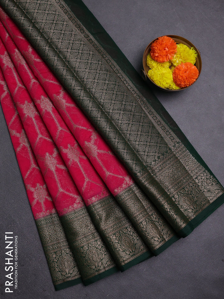 Pink & Bottle Green Semi Chiniya Silk Saree
