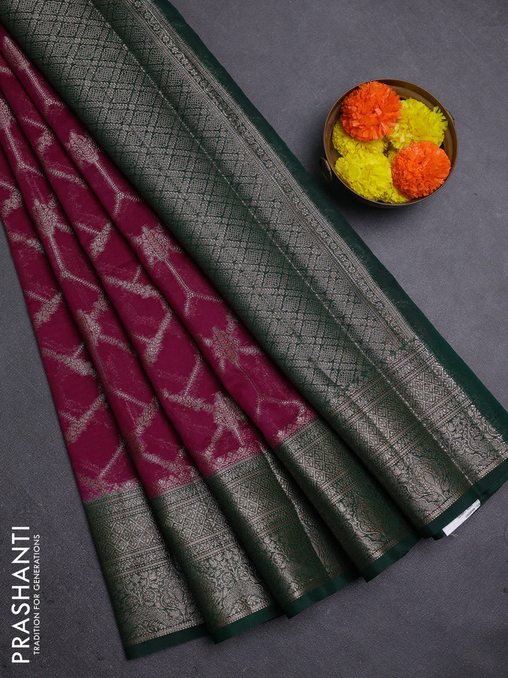 Wine  & Bottle Green Semi Chiniya Silk Saree