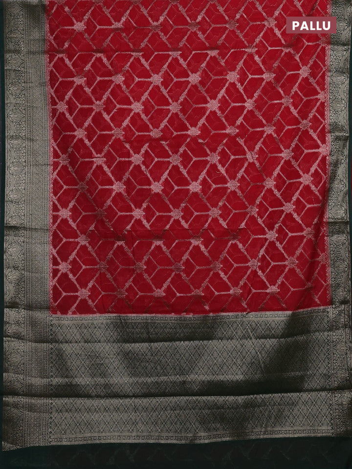 Red & Bottle Green Semi Chiniya Silk Saree