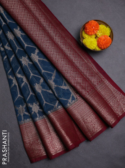 Peacock Blue & Maroon Semi Chiniya Silk Saree