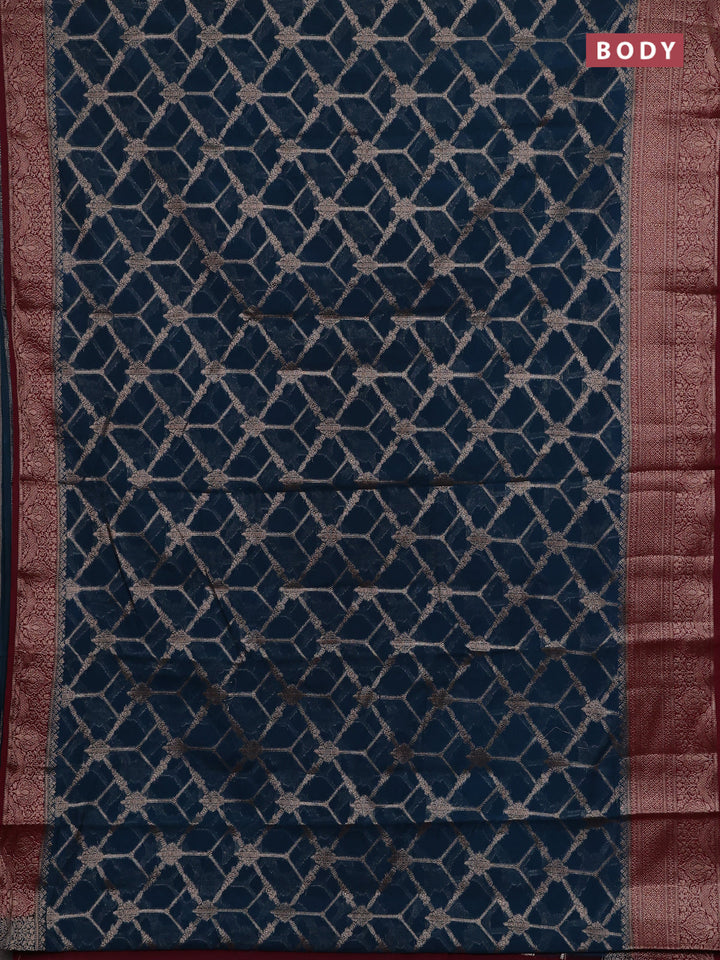 Peacock Blue & Maroon Semi Chiniya Silk Saree