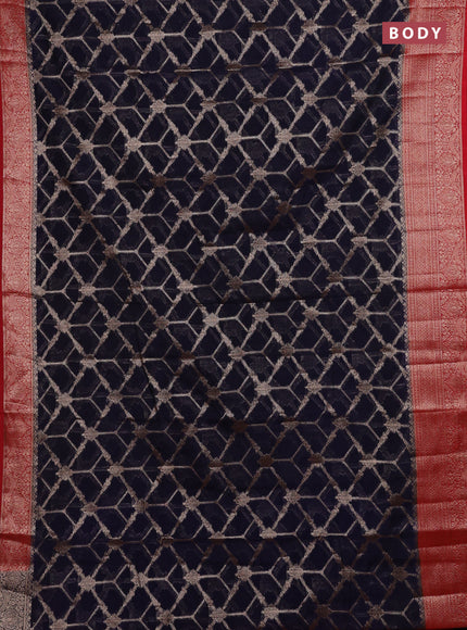 Navy Blue & Red Semi Chiniya Silk Saree