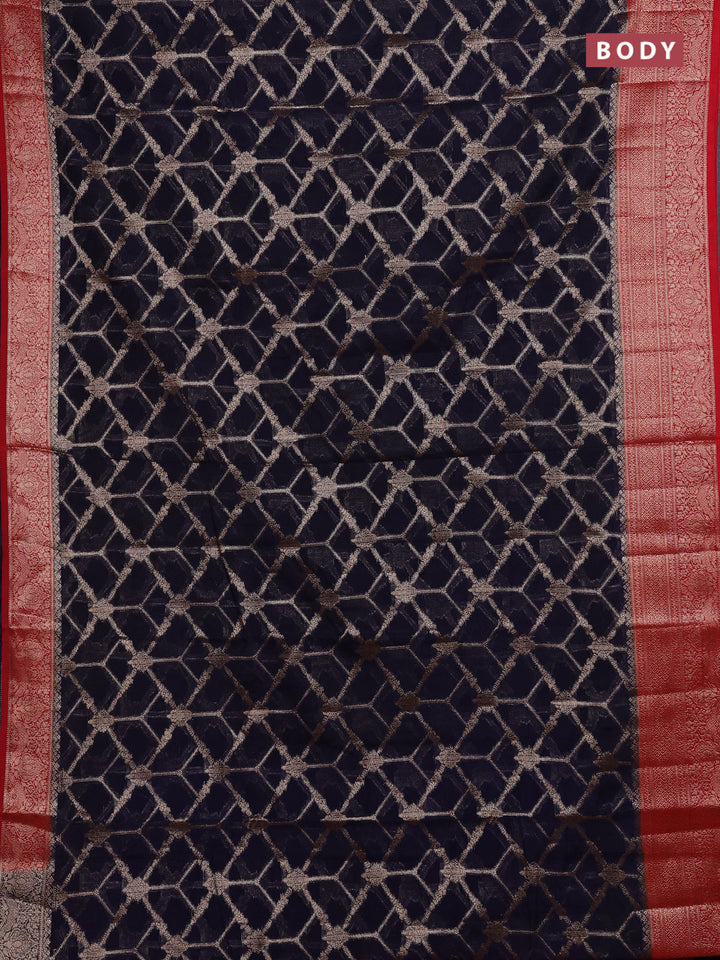 Navy Blue & Red Semi Chiniya Silk Saree